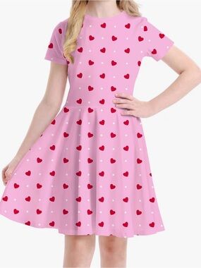 Girls' Pink Heart Dot Short Sleeve Skater Dress